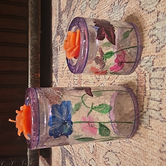 ART GLASS, colorful candle holder stands with hand painted flowers - Picture 4 of 4